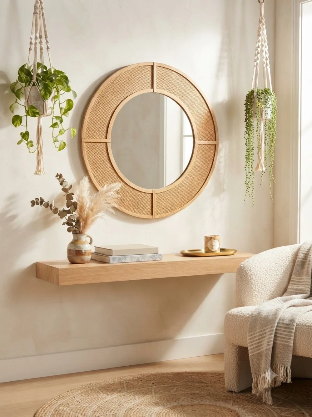Large Round Wood & Woven Rattan Wall Mirror - Boho Chic